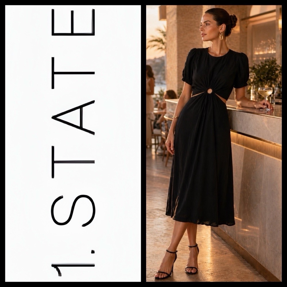 1. STATE Cutout O-ring Midi Dress Sz 2 Cocktails DateNight Minimalist Chic Black